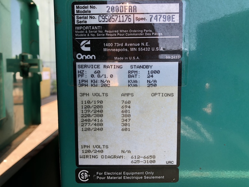 Used Cummins DFAA Diesel Generator, 488 Hrs