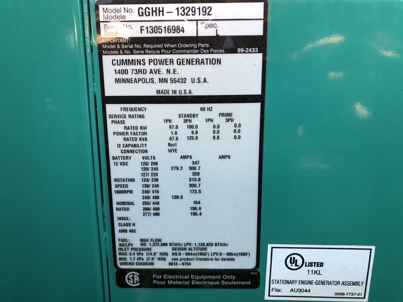 Used Cummins GGHH Natural Gas Generator, 47 Hrs, EPA Certified