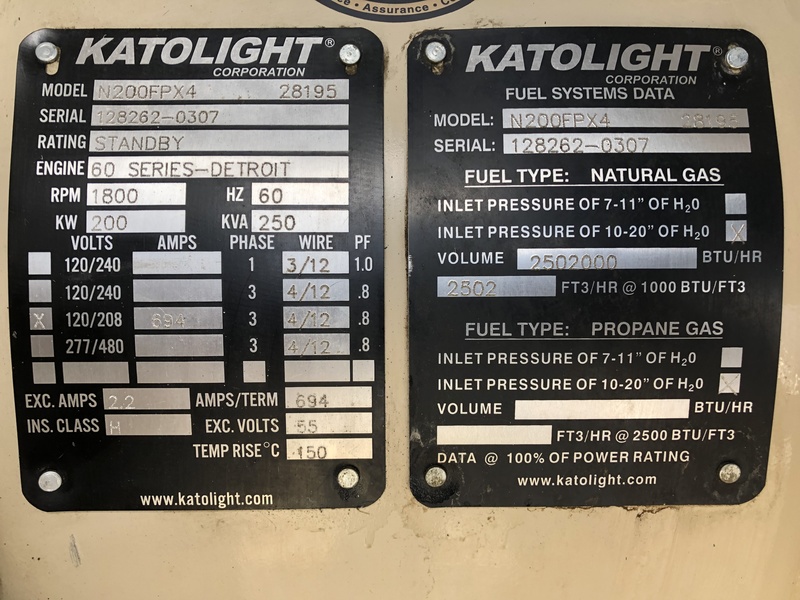 Used Katolight N200FPX4 Natural Gas Generator, 285 Hrs