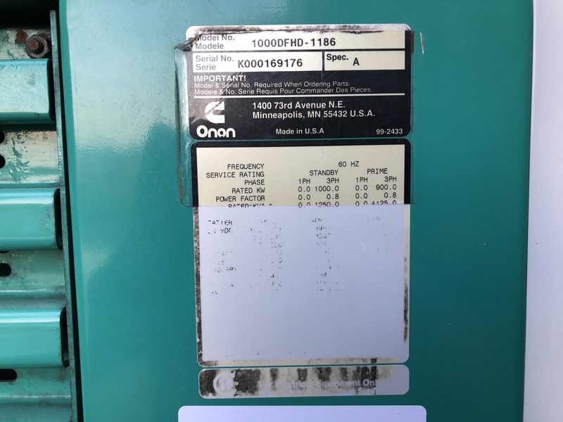 Used Cummins 1000DFHD Rental Grade Diesel Generator, 11,301 Hrs