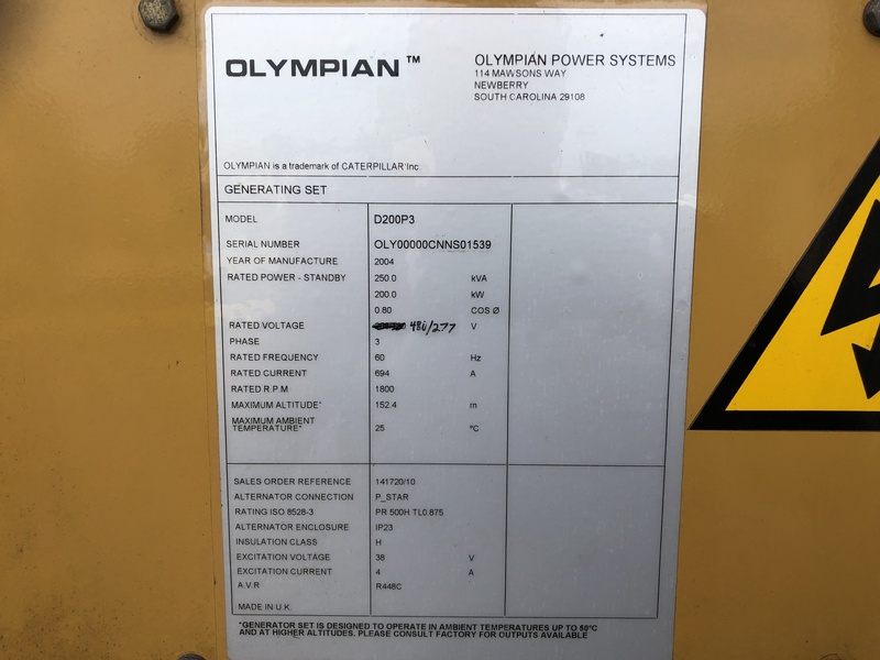Used Caterpillar D200P3 Diesel Generator, 1008 Hrs
