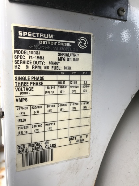 Used Detroit Diesel 100DSEJ Diesel Generator 854 Hrs