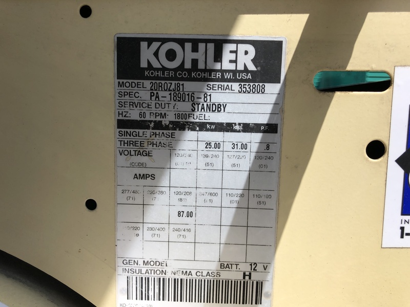Used Kohler 20ROZJ81 Diesel Generator, 377 Hrs