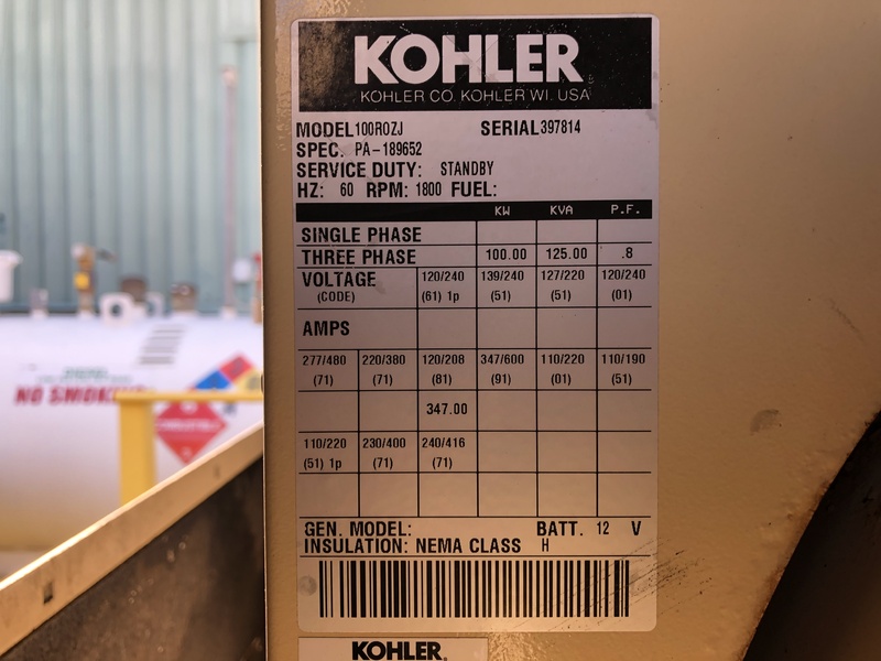 Used Kohler 100R0ZJ Diesel Generator, 682 Hrs