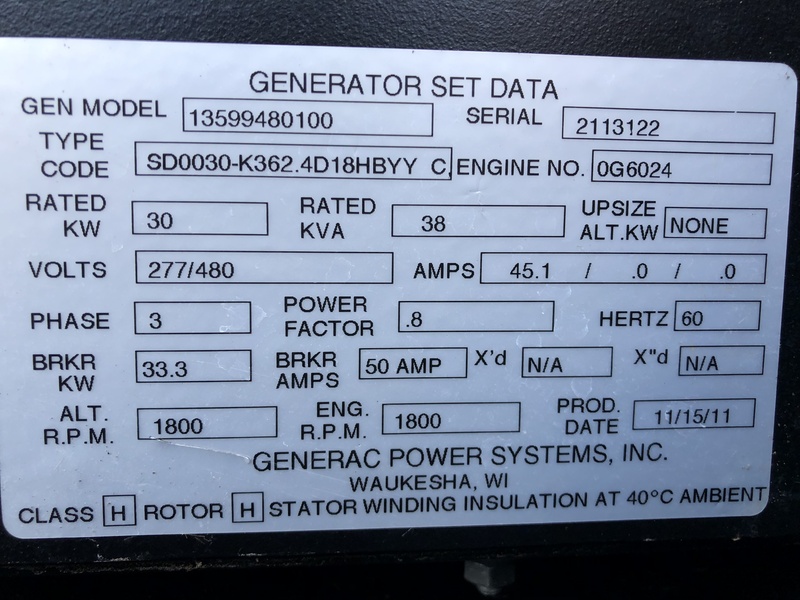 Used Generac SD0030 Diesel Generator, 79 Hrs, EPA Tier 3