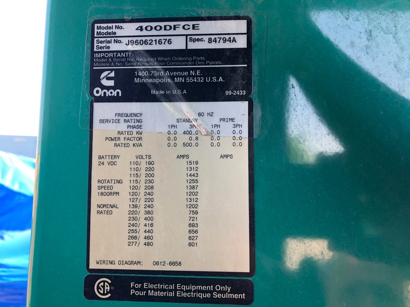 Used Cummins DFCE NTA855-G5 Diesel Generator, 346 Hrs