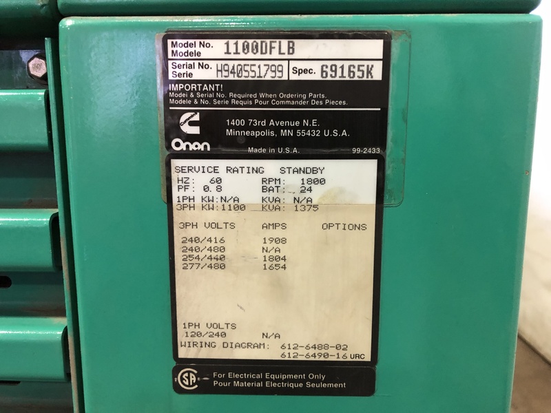 Used Cummins DFLB KTA50-G2 Diesel Generator, 587 Hrs