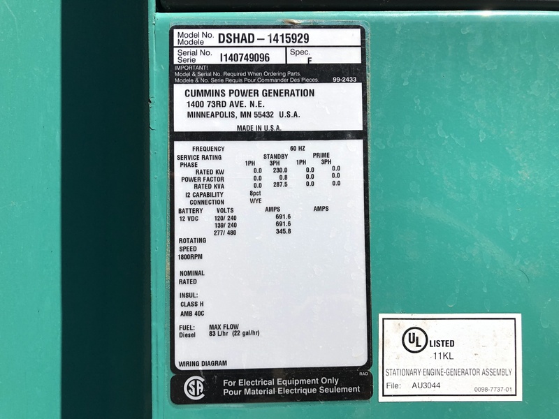 Used Cummins DSHAD Diesel Generator, 73 Hrs, EPA Tier 3