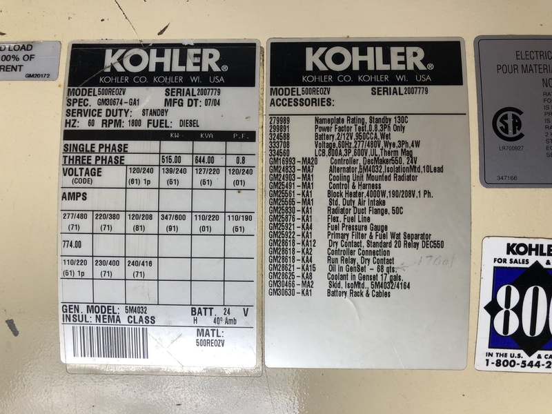 Used Kohler 500ROZD4 Diesel Generator, 598 Hrs