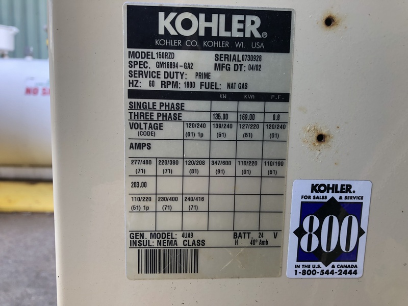 Used Kohler 150RZD Natural Gas Generator, 546 Hrs