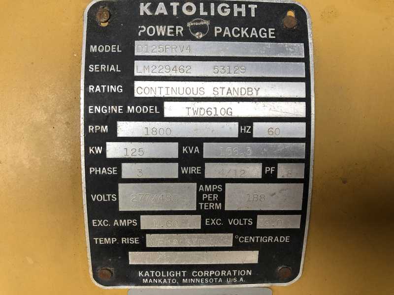 Used Katolight D125FJJ4 TWD610G Diesel Generator | 497 Hrs | 125 KW | 0 ...