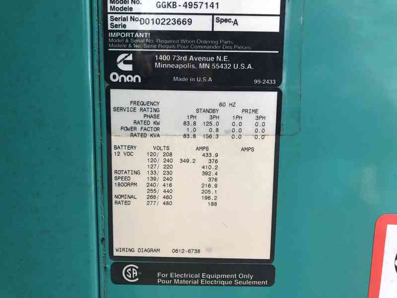 Used Cummins GGKB Natural Gas Generator, 677 Hrs