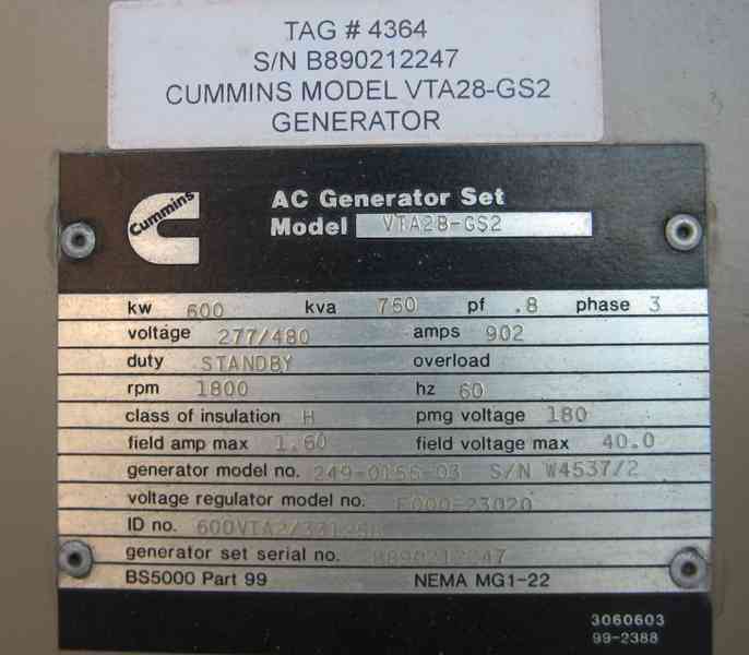 Used Cummins 600 kW VTA28-G2 Diesel Generator, 279 Hrs