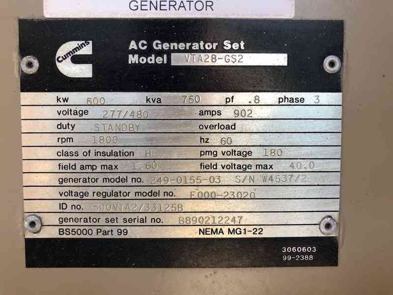 Used Cummins 600 kW VTA28-G2 Diesel Generator, 279 Hrs