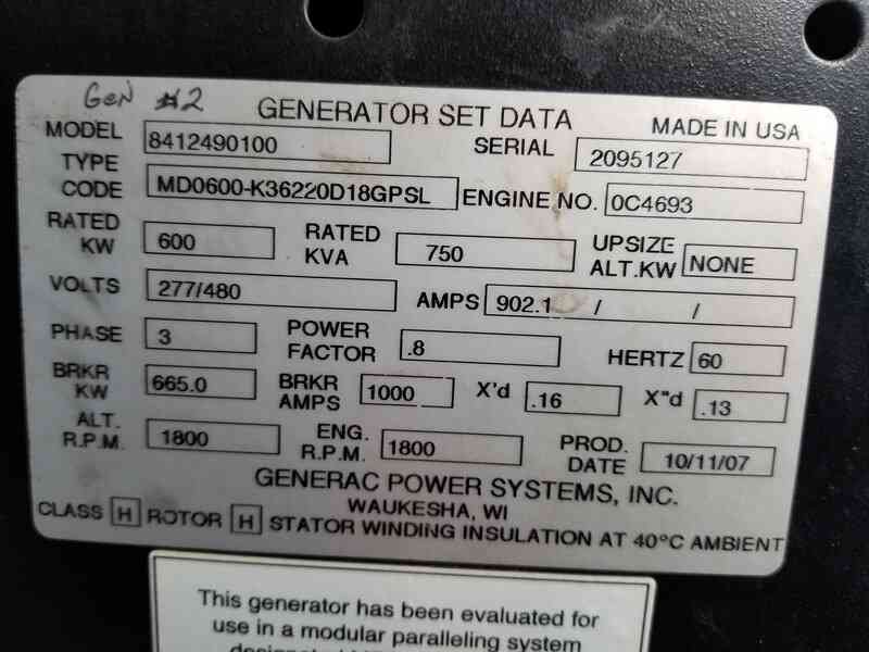 Used Generac MD0600 Paralleling Diesel Generator, 247 Hrs