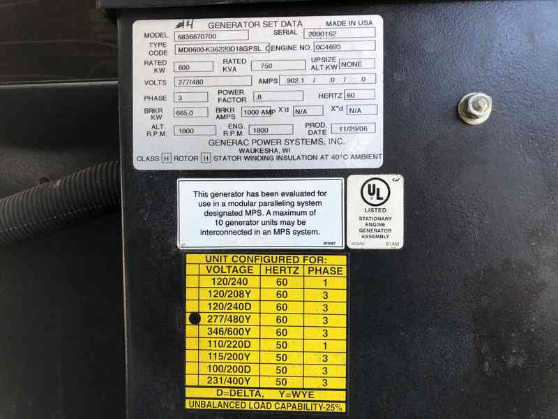 Used Generac MD0600 Paralleling Diesel Generator, 479 Hrs