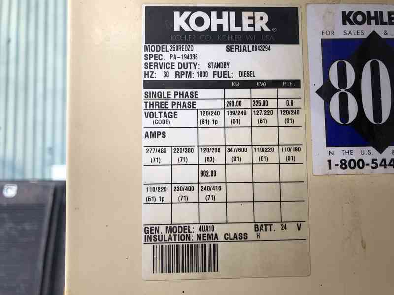 Used Kohler 250REOZD  Diesel Generator, 621 Hrs