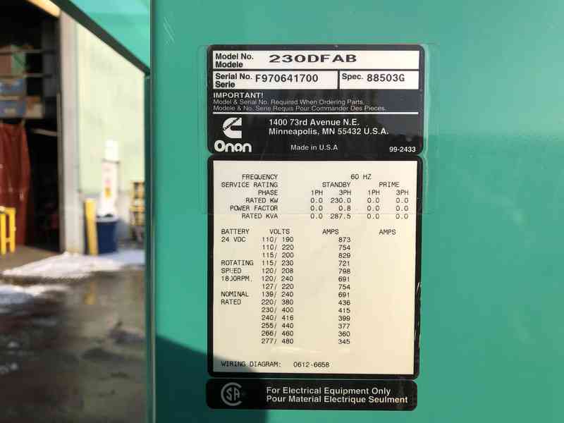 Used Cummins DFAB Diesel Generator, 535 Hrs