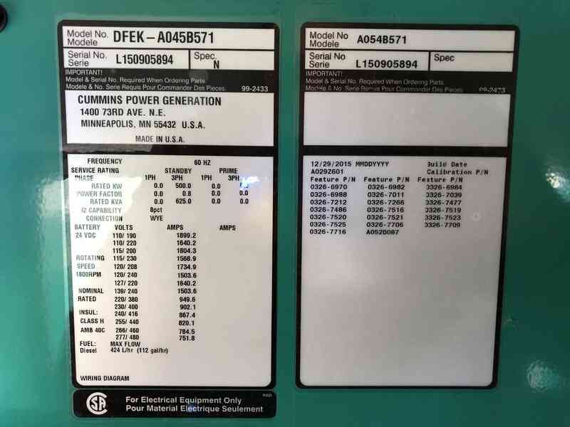 Used Cummins DFEK QSX15-G9 NR2 Diesel Generator, 59 Hrs, EPA Tier 2 w/Warranty