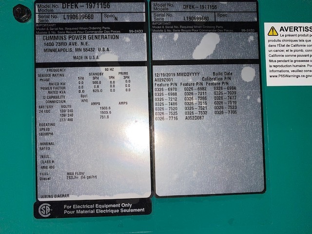 New Cummins DFEK QSX15-G9 NR2 Diesel Generator, EPA Tier 2