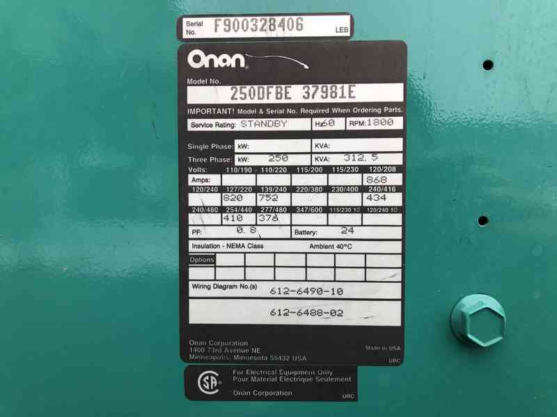 Used Cummins DFBE Diesel Generator, 245 Hrs