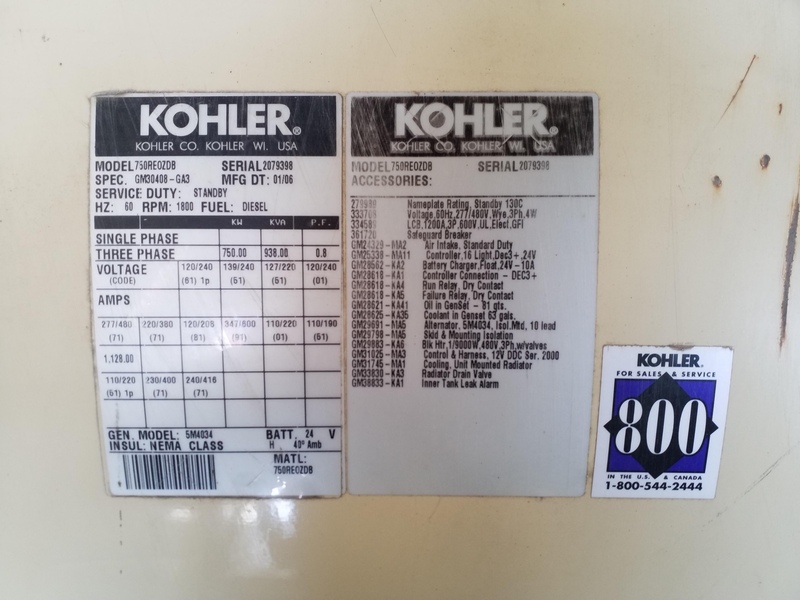 Used Kohler 750REOZDB Diesel Generator, 340 Hrs