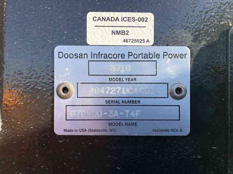 Used Doosan G70 Rental Grade Diesel Generator, 512 Hrs, EPA Tier 4