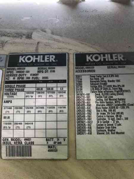 Used Kohler 400REOZV Diesel Generator, 504 Hrs