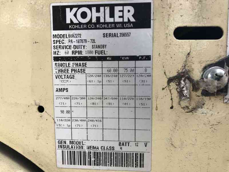 Used Kohler 60RZ272 Natural Gas/LP Generator, 1555 Hrs