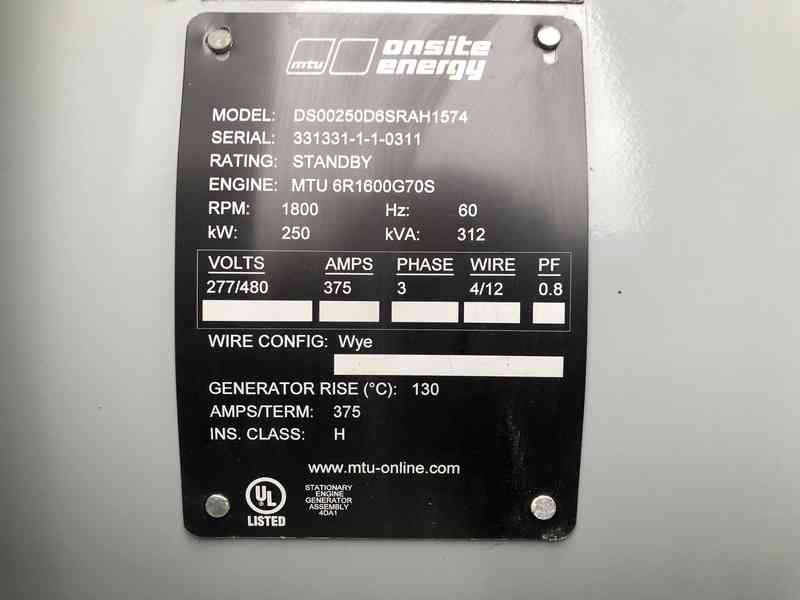 Used MTU DS250 6R1600G70S Diesel Generator, 293 Hrs, EPA Tier 3
