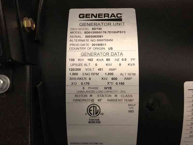 Used Generac SD130 Diesel Generator, 31 Hrs, EPA Tier 3