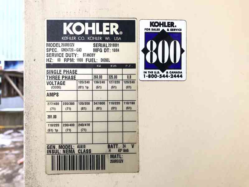 Used Kohler 250REOZV  Diesel Generator, 296 Hrs