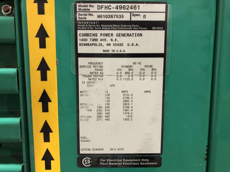 Used Cummins DFHC Diesel Generator, 821 Hrs