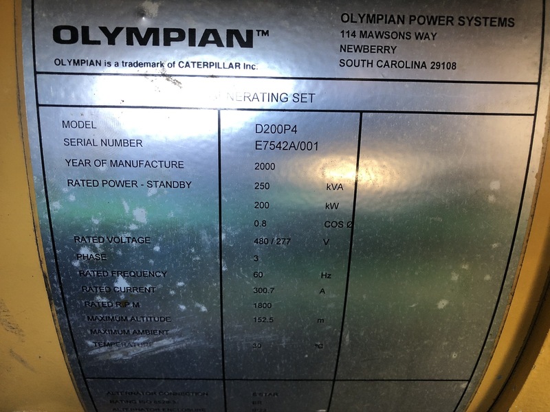 Used Caterpillar D200P4 Diesel Generator, 285 Hrs