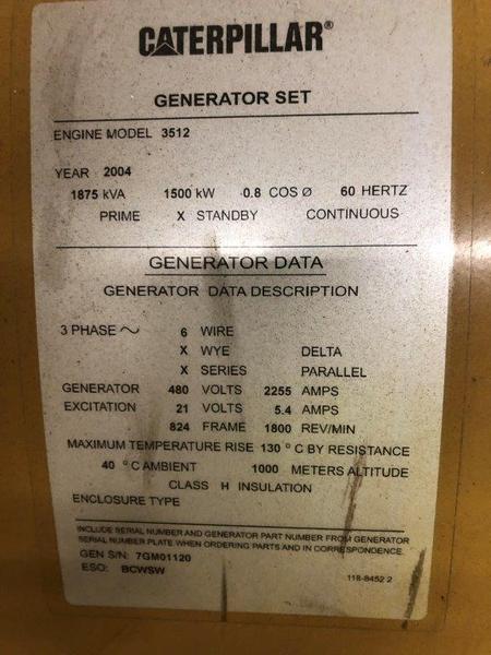 Used Caterpillar 3512B Diesel Generator, 494 Hrs
