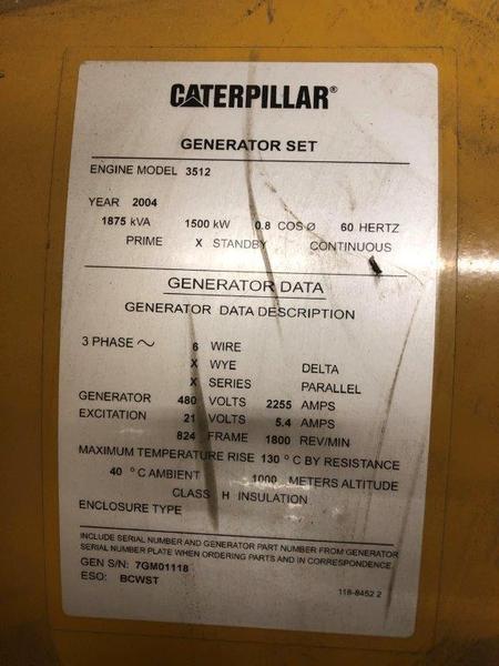Used Caterpillar 3512B Diesel Generator, 575 Hrs