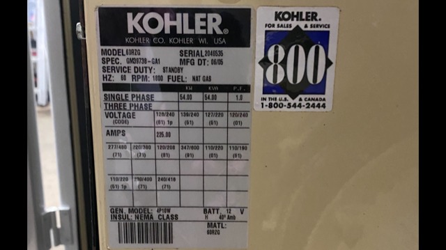 Used Kohler 60RZG Natural Gas / Propane Generator, 178 Hrs