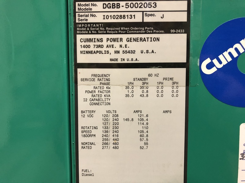 Used Cummins DGBB Diesel Generator, 952 Hrs
