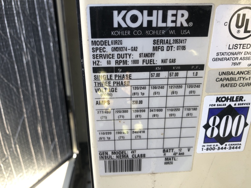 Used Kohler 60RZG Natural Gas / Propane Generator, Single Phase, 411 Hrs