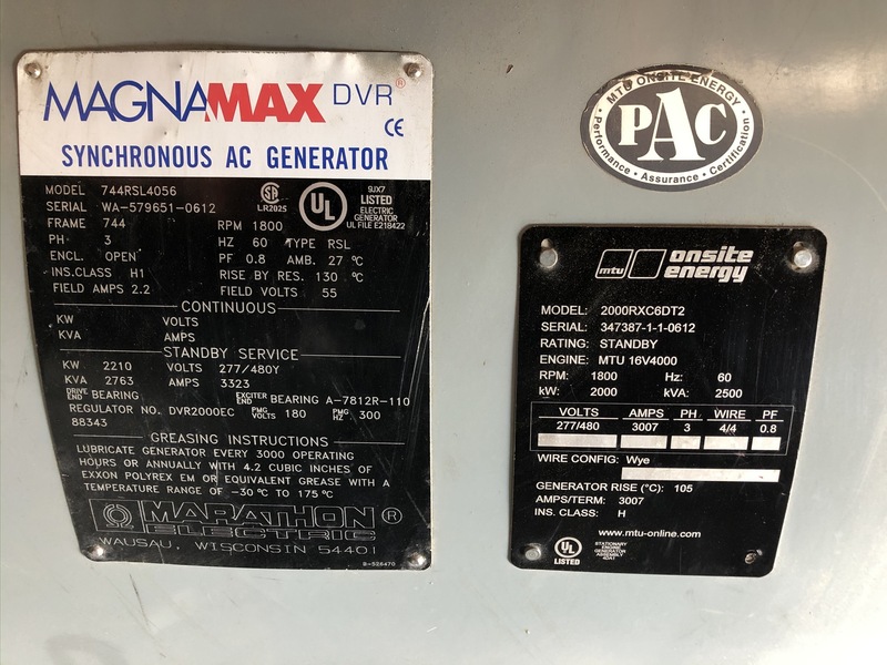 Used MTU 2000RXC6DT2 Rental Grade Diesel Generator 617 Hrs EPA Tier 2 Flex