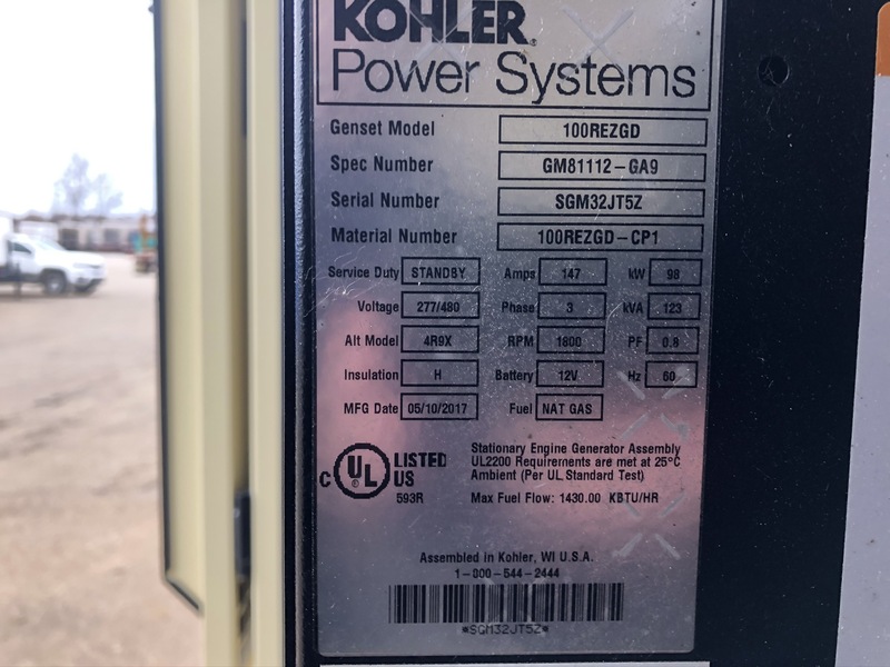 Used Kohler 100REZGD Natural Gas / Propane Generator, 69 Hrs, EPA Certified