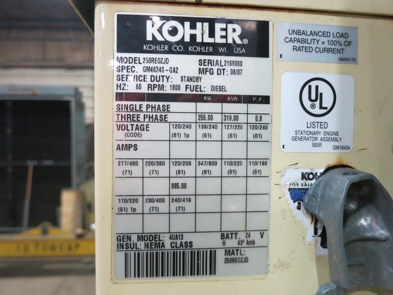 Used Kohler 250REOZJD John Deere 6090HF485 Diesel Generator, 65 Hrs, EPA Tier 3