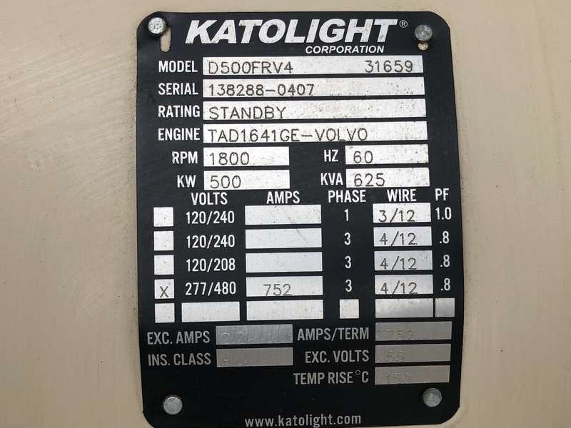Used Katolight D500FRV4 Volvo TAD1641GE Diesel Generator, 526 Hrs, EPA Tier 2
