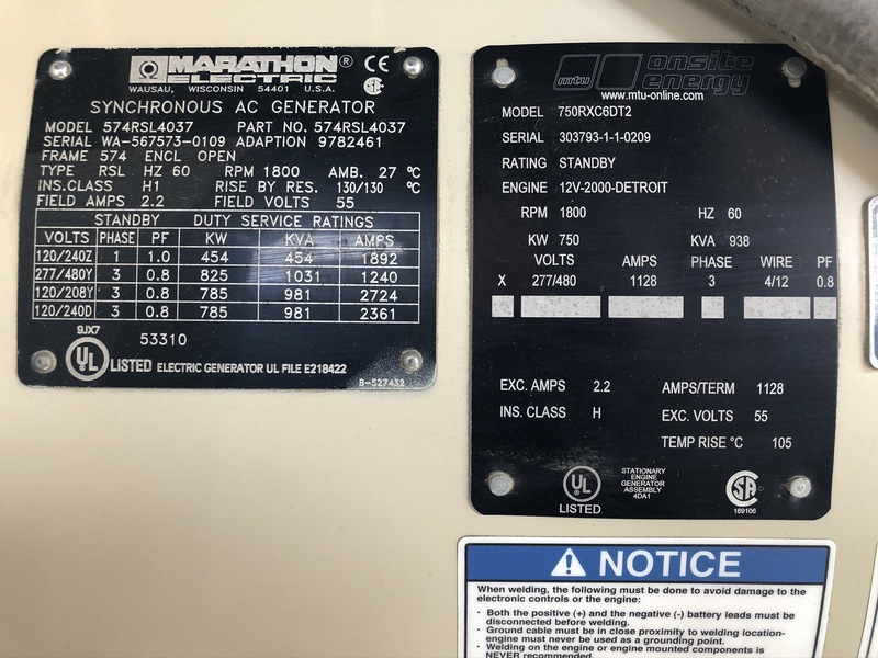 Used MTU 750RXC6DT2 Diesel Generator 122 Hrs EPA Tier 2
