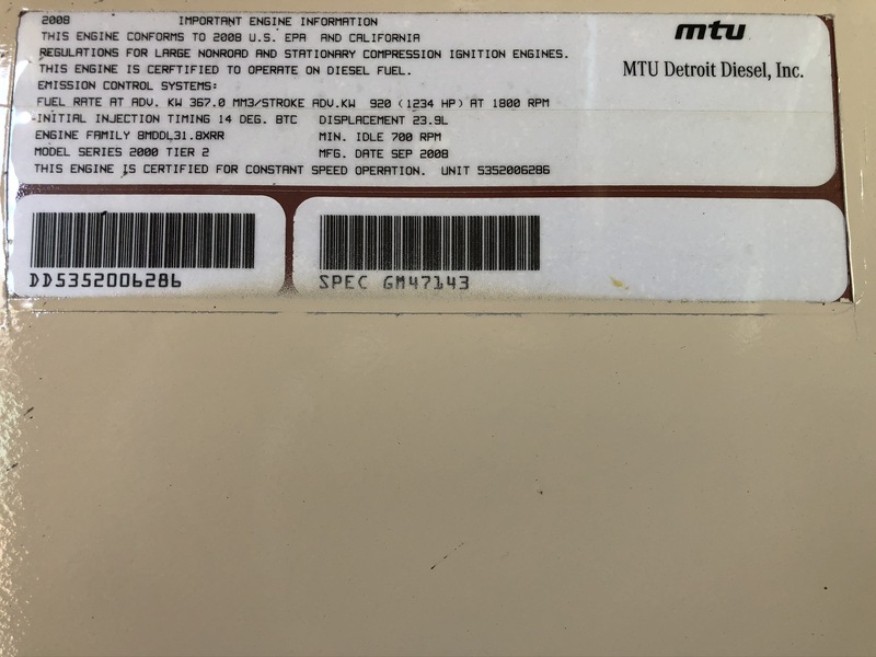 Used MTU 750RXC6DT2 Diesel Generator 122 Hrs EPA Tier 2