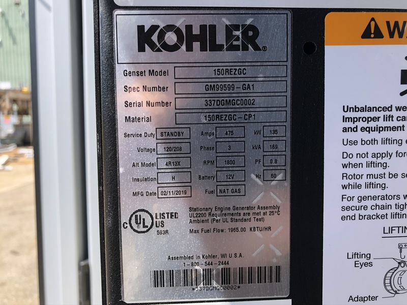 New Kohler 150REZGC Natural Gas / Propane Generator, 4 Hrs, EPA Certified