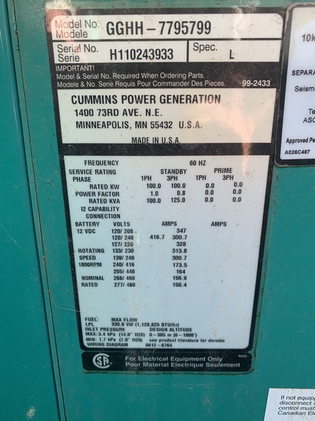 Used Cummins GGHH Natural Gas / Propane Generator, 427 Hrs EPA Certified, 1 or 3 Phase