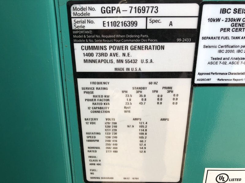 Used Cummins GGPA Natural Gas / Propane Generator, 7 Hrs EPA Certified