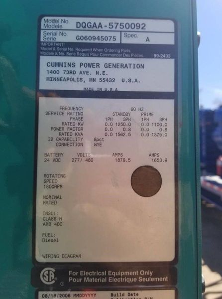 Used Cummins DQGAA Diesel Generator, 788 Hrs, EPA Tier 2