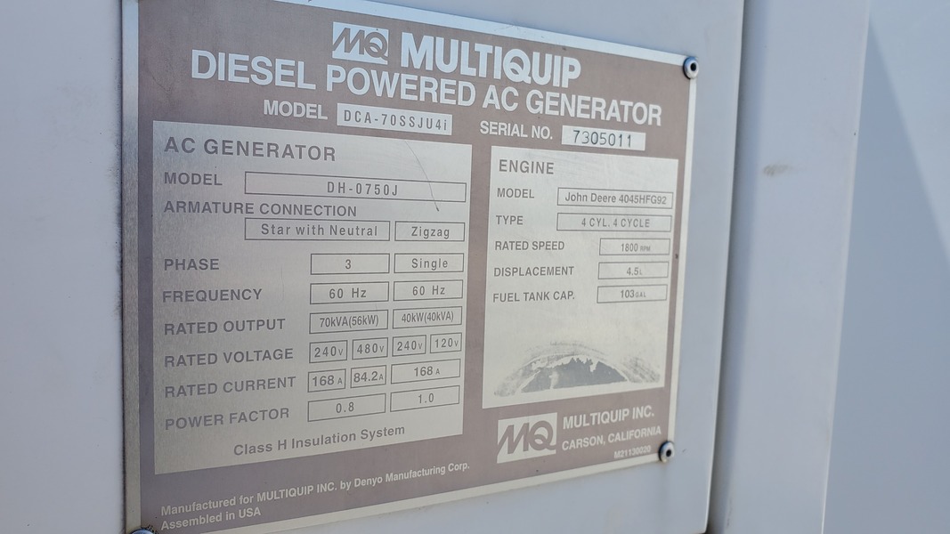 Used Multiquip DCA-70SSJU4I John Deere 4045HFG92 Rental Grade Diesel Generator, 734 hrs, EPA Tier 4i